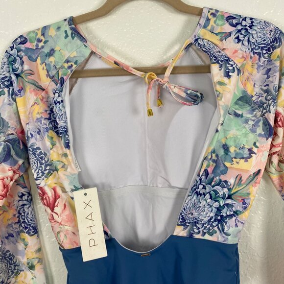 New PHAX Claridad Long Sleeve Blue Floral Color Block Paddle Swim Suit Women Sm - Picture 9 of 10